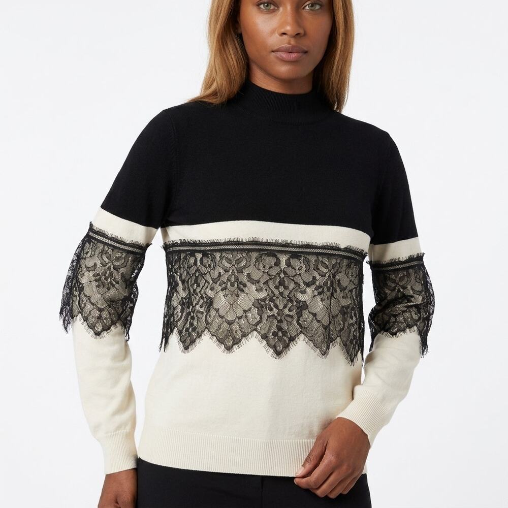 BiBi! IP4263 Black Colorblock Knit Lace Pullover Sweater Women Size S